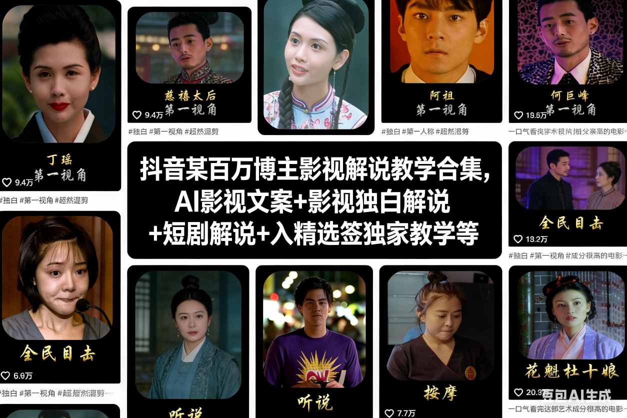 抖音某百万博主影视解说教学合集，AI影视文案+影视独白解说+短剧解说+入精选签独家教学等-富爸爸项目圈