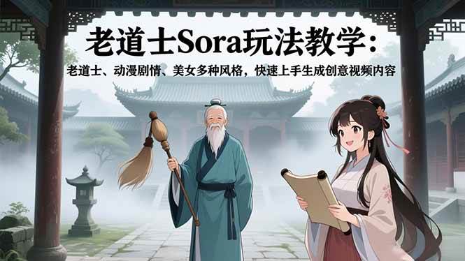 （16862期）老道士Sora玩法教学：老道士、动漫剧情、美女多种风格，快速上手生成创意视频内容-富爸爸项目圈