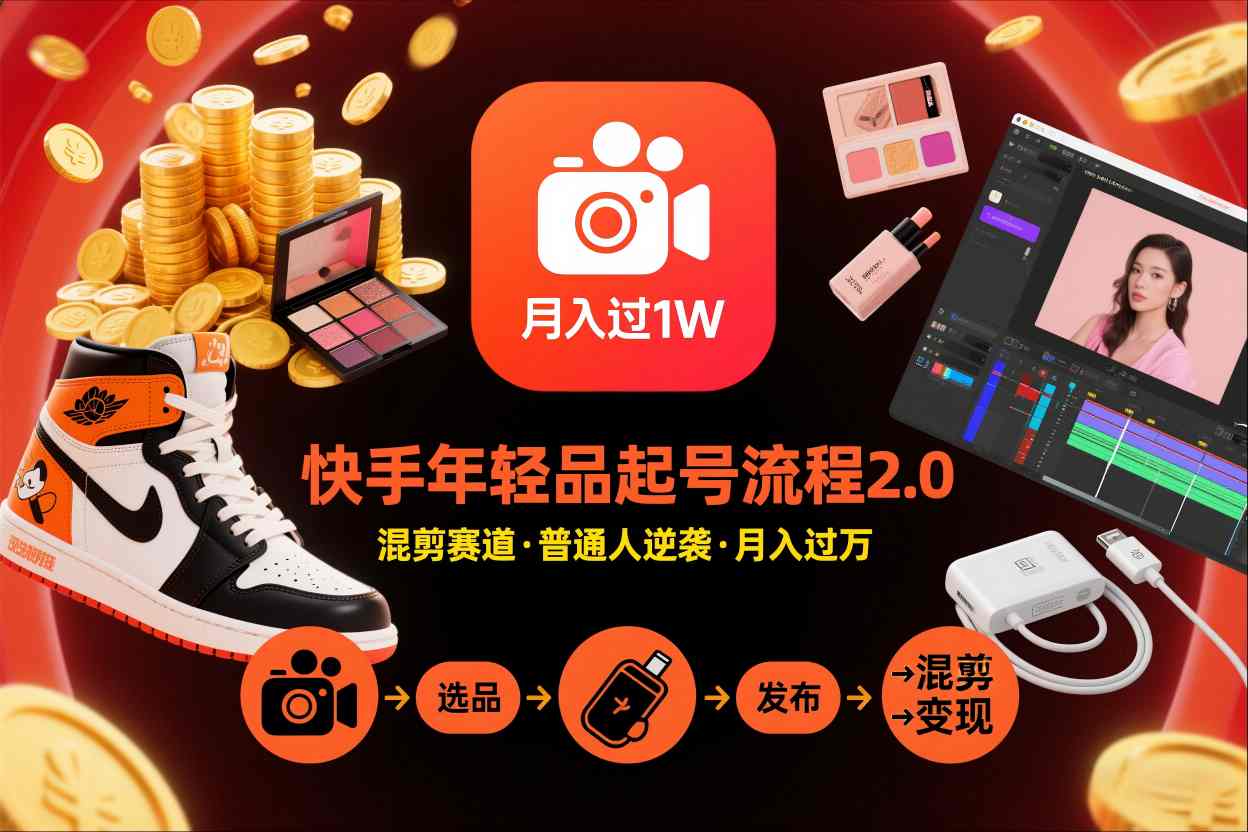 快手短视频带货年轻品起号流程2.0，快手年轻品混剪赛道，普通人也能月入过1W-富爸爸项目圈
