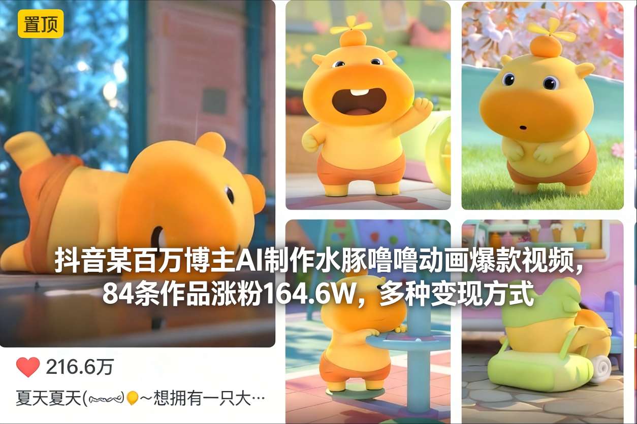 抖音某百万博主AI制作水豚噜噜动画爆款视频，84条作品涨粉164.6W，多种变现方式-富爸爸项目圈