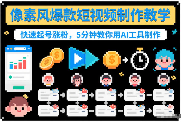 像素风爆款短视频制作教学，快速起号涨粉，5分钟教你用AI工具制作-富爸爸项目圈