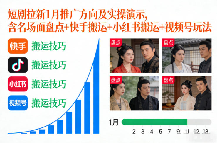 短剧拉新1月推广方向及实操演示，含名场面盘点+快手搬运+小红书搬运+视频号玩法-富爸爸项目圈